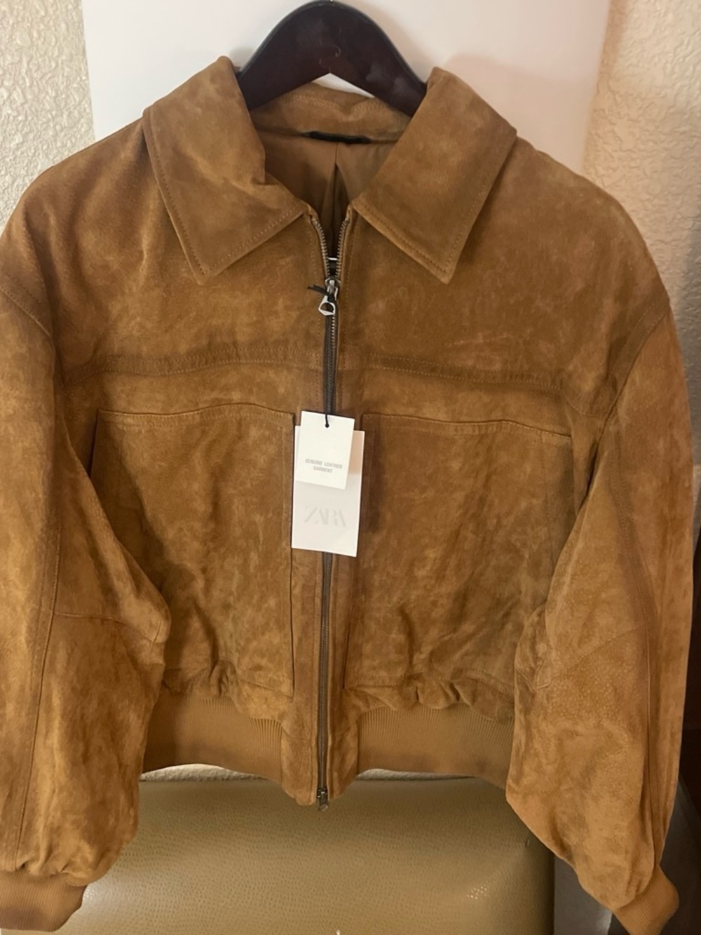 Zara Suede Bomber Jacket in Camel Brown